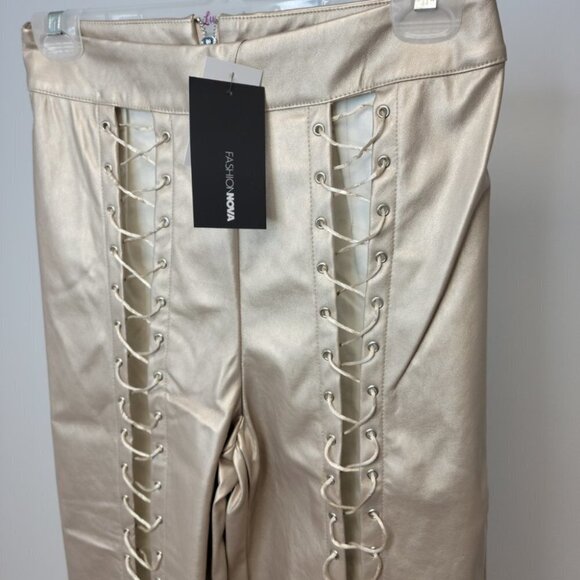 Fashion Nova Gold High Waist Lace Up Pants Size Large - Picture 3 of 6